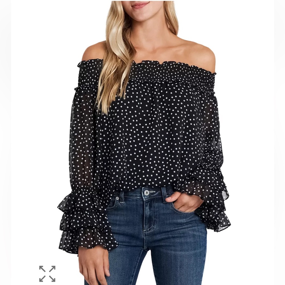 CeCe Black and White Polka Dot Off-Shoulder Blouse